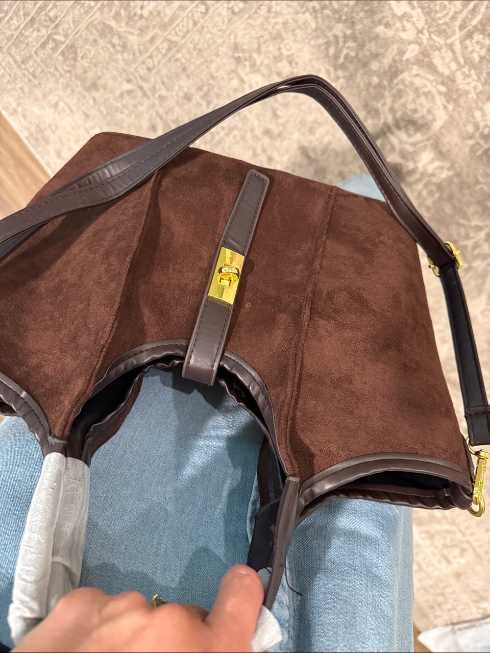NWT Commense bintsge inspired Brown Suede Top handle tote bag Gold Hardware - Picture 12 of 13